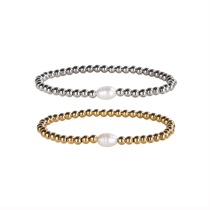 304 Stainless Steel Chain Material 1 Piece Quantity Elegant Round Stainless Steel Freshwater Pearl Plating Gold Plated Bracelets