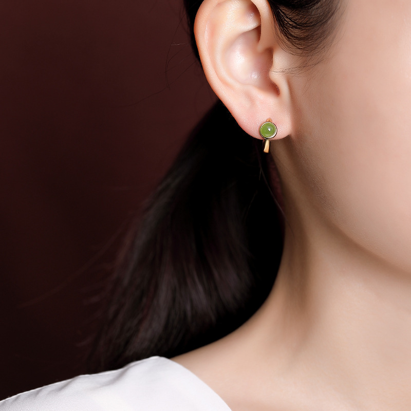 Bông tai kẹp tai nữ bạc S925 mạ vàng đính đá jasper đỏ hình hạt tròn phong cách đơn giản — Kiểu jasper màu bạc