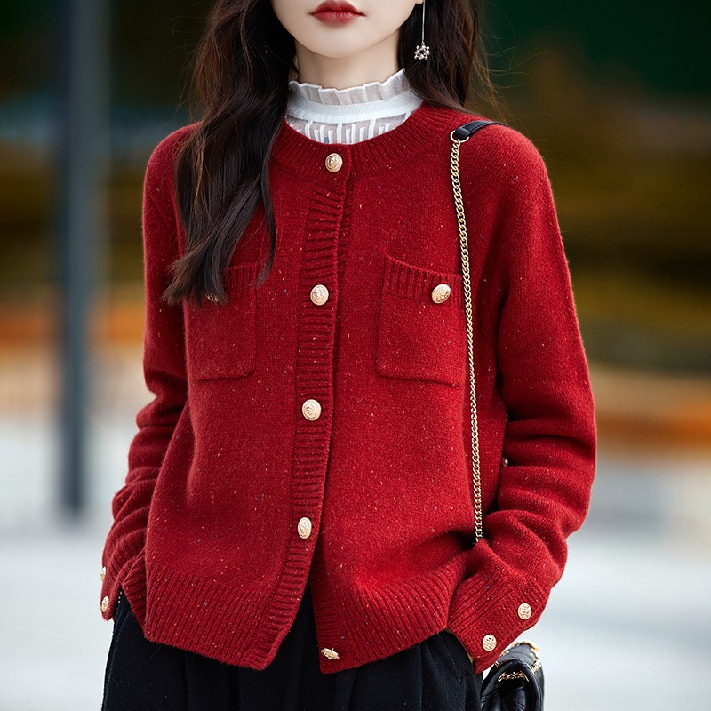 Women's Chanel style dotted yarn wool cardigan bright silk elegant sweater coat autumn and winter loose slimming knitted top