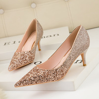 859-8 European and American wind high fashion footwear with shallow mouth pointed sexy thin nightclub color gradient sequined shoes