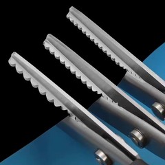 Scissors for cutting fabric, trimming, sewing, cutting patterns, cutting lace, cutting wavy edges, cutting paper with scissors, cutting triangles, half circles, arcs, and zigzag shapes.