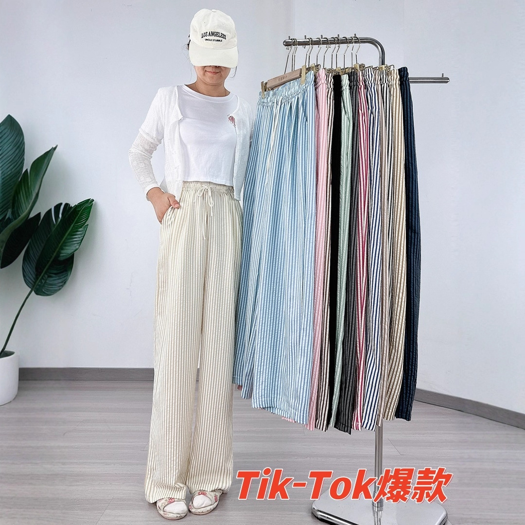 TikTok爆款条纹阔腿裤女春秋高腰泡泡棉日韩风宽松休闲时装裤子