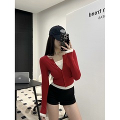 ファッショナブルなスプライシングVネックホットガールフェイクツーピースセーターレディースデザインコントラストカラースリムフィットトップ