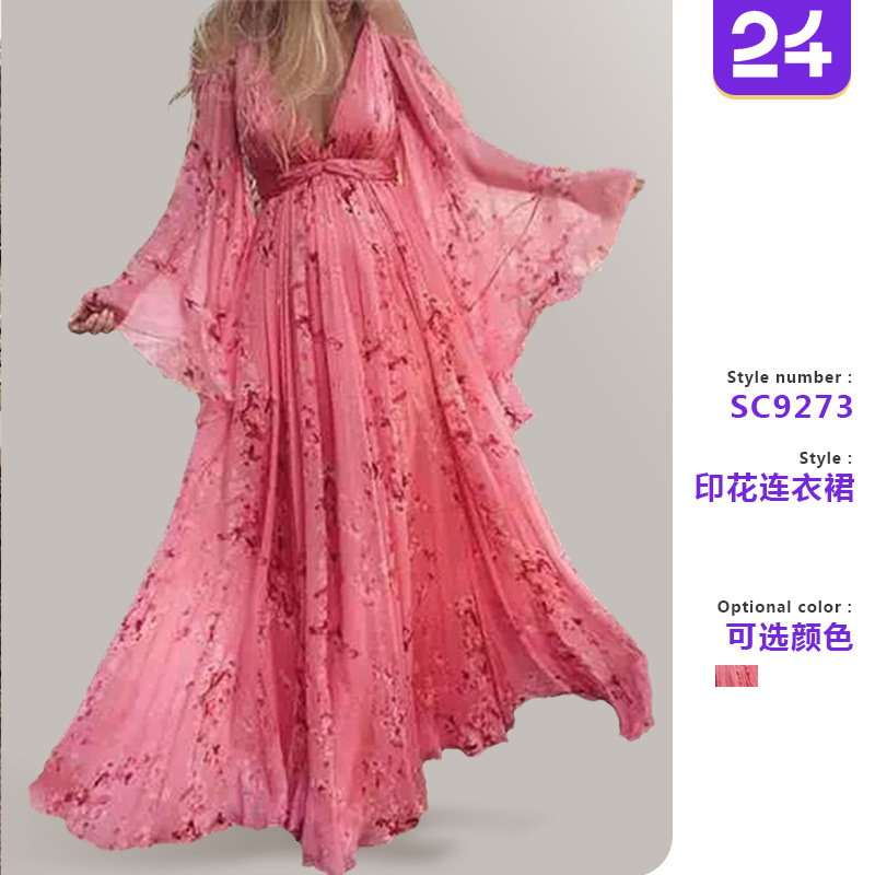 2026 New Style Spaghetti Strap Deep V-Neck Printed Sexy Batwing Sleeve Pleated Floor-Length Maternity Dress with Lining