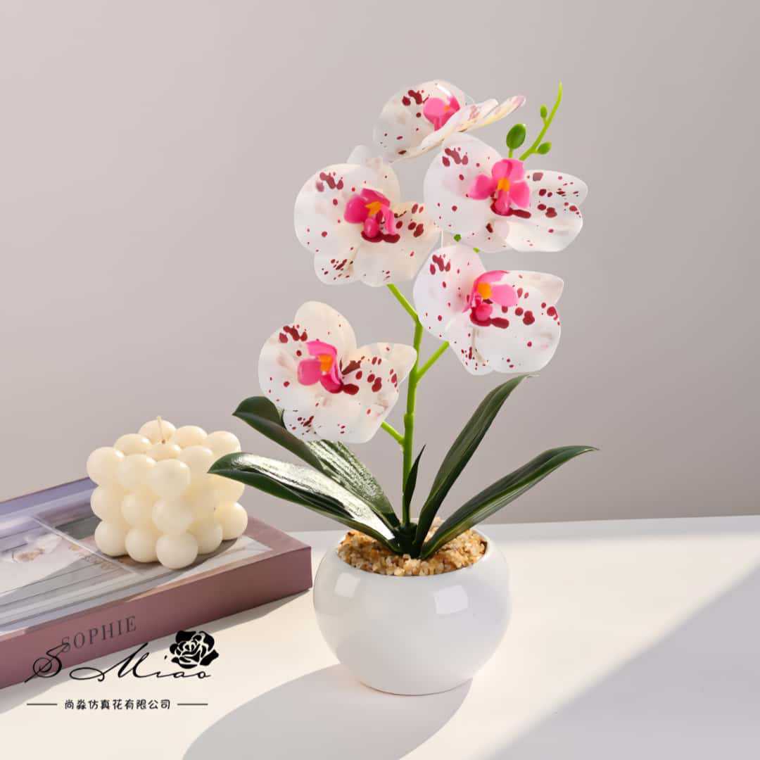 Flor artificial con tacto real, pequeño bonsái de phalaenopsis, flor artificial, adorno decorativo elegante y creativo, planta verde artificial, planta artificial en maceta. image 1