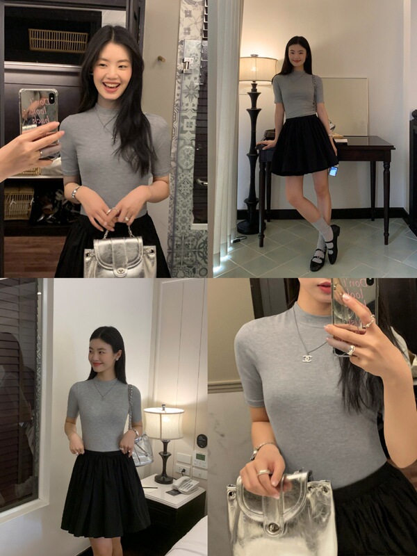 pusumede 半高领黑色短袖T恤女春秋半袖打底衫修身显瘦针织上衣|undefined