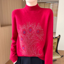 跨境2025秋冬新款半高圓領針織衫重工燙鑽時尚簡約百搭打底衫上衣