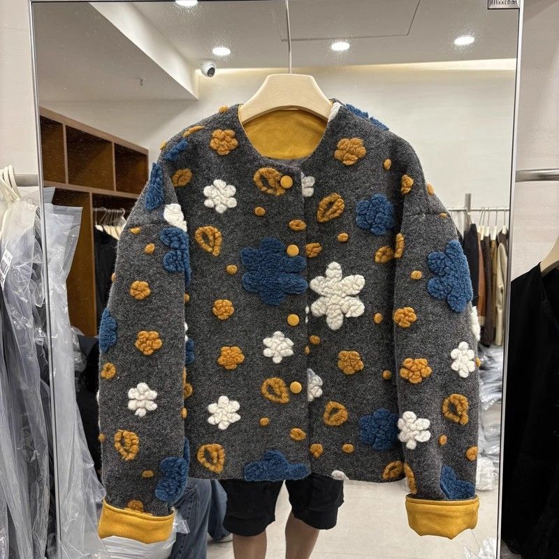 Designed Stereo Flower Woolen Quilted Jacket for Women, Contrasting Color Round Neck Coat, Autumn and Winter New Fashion Loose Spandex