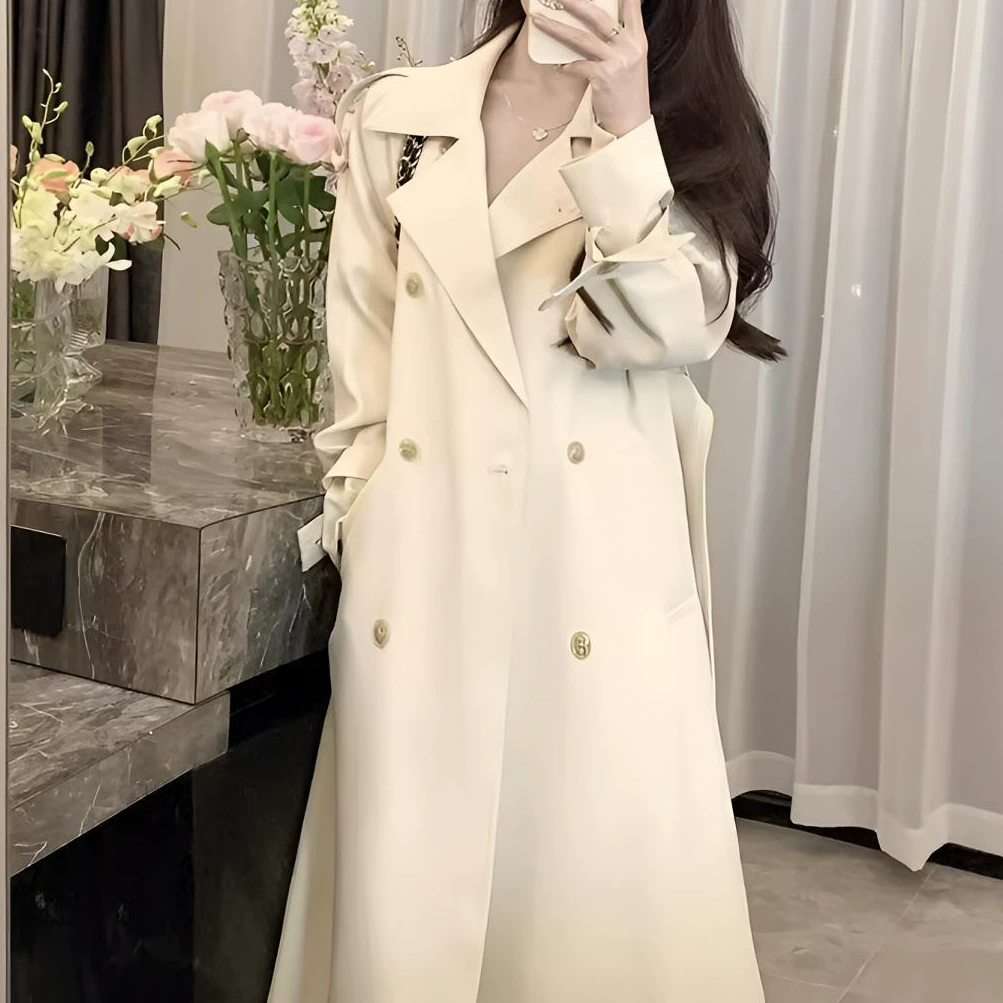 Белое trenchcoat пальто осени куртка длинный жилет облегающий для подростков до середины икры