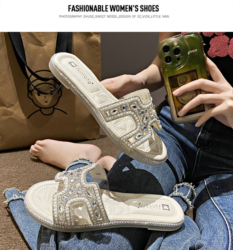 Piccole pantofole stile profumato da donna 2023 sandali piatti estivi stile casual moda strass parola_voghion.com