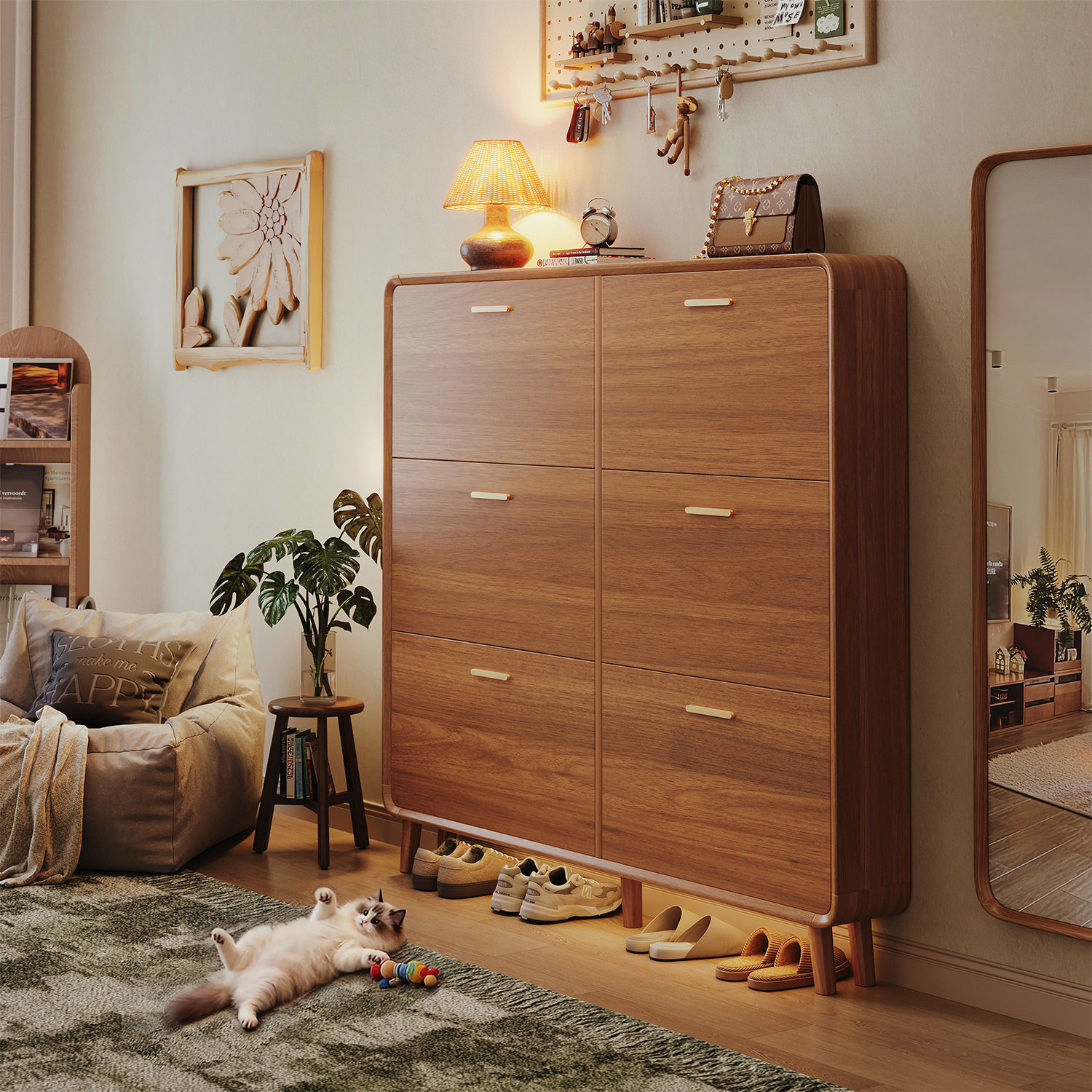 Solid Wood Ultra-Thin Shoe Cabinet 2026 New Model for Home Entrance, Extremely Narrow Flip-Up Storage Cabinet Integrated Against the Wall