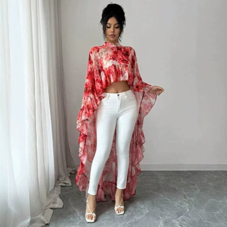 2026夏季跨境欧美女装立领印花荷叶边雪纺衫度假风飘逸罩衫