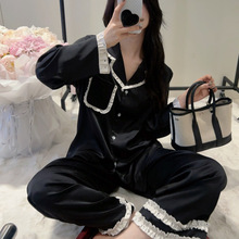 【拼色花眠】黑白撞色波点睡衣女春新款长袖长裤家居服套装冰雪丝