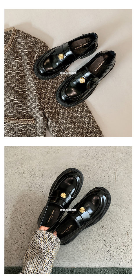 Giày lười nữ đế dày mũi tròn gắn khóa đồng xu nhỏ, giày da đơn gót thô 3–5 cm — Màu đen (lót nhung), Màu đen (trong da) chi tiết 11