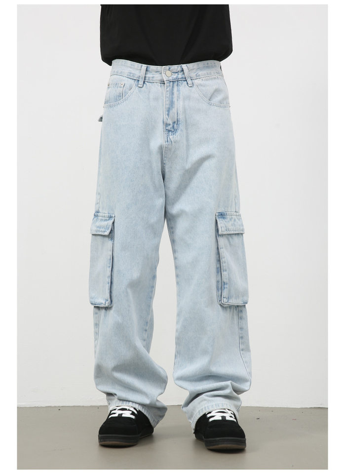 Quần jean nam ống rộng ống đứng dáng suông, vải denim giặt cổ điển, nhiều túi — Màu xanh lam chi tiết 9