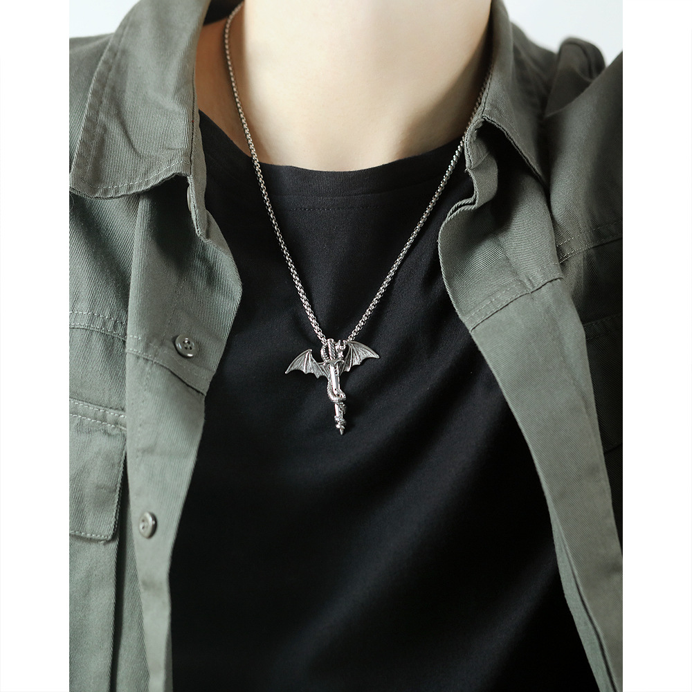 Taobao Supply European and American Trendy Men's Rock Fashion Pterosaur Golden Sword Men's Titanium Steel Necklace