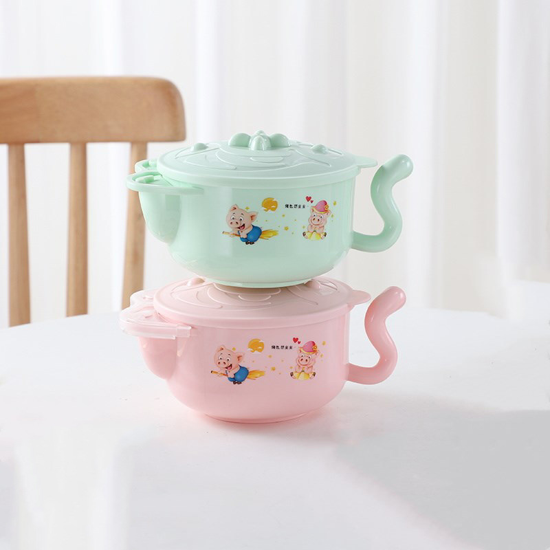 Children's water injection rice bowl cute cartoon with lid baby soup bowl rice bowl 304 stainless steel food supplement bowl bento lunch box