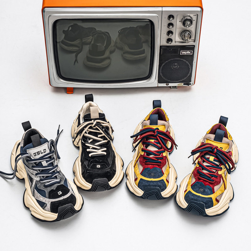Giày sneaker nam phong cách giày bố đế lốp, da nhân tạo, gót 3–5 cm — màu vàng, màu xám đen, đen