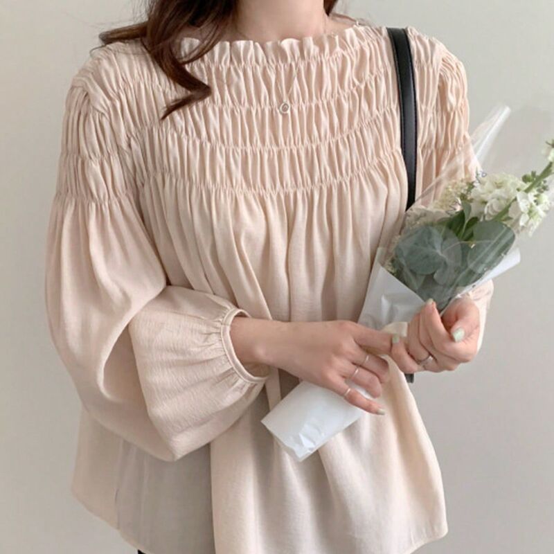 Sweet Style Pleated Design Women's Shirt, New Spring Style One-Line Collar Puff Sleeve Elegant Top