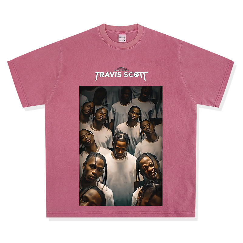 Bc Europa y América calle hip hop Travis Scott rap personaje impreso lavado apenado suelta manga corta Camiseta de los hombres