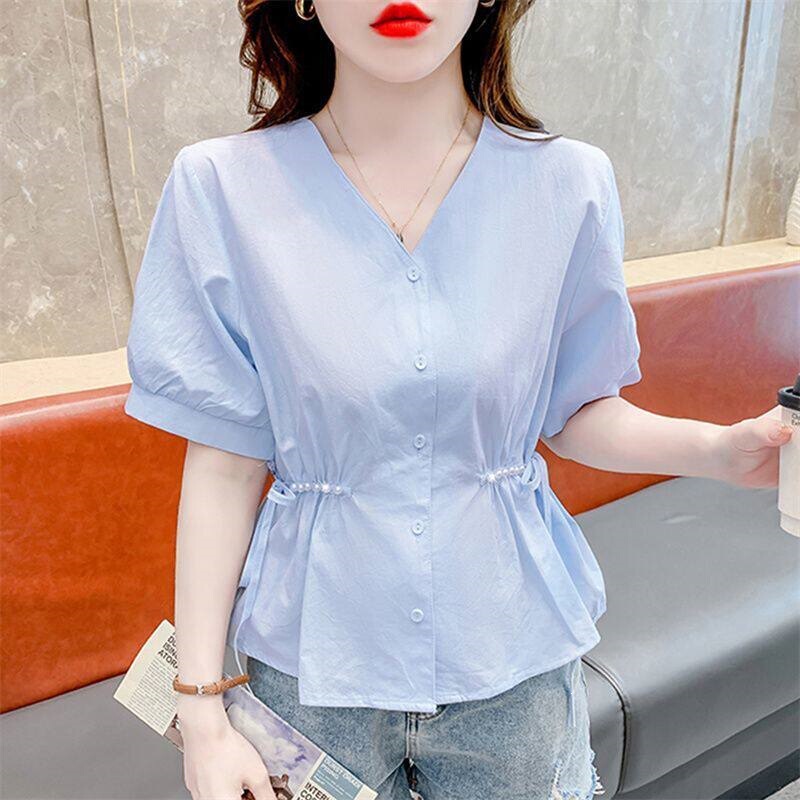 V-Neck Beaded Tie-Waist Short-Sleeved Shirt for Women Spring and Summer New Style Solid Color Casual Versatile Elegant Age-Reducing Top for Women V-Neck Beaded Tie-Waist Short-Sleeved Shirt for Women Spring and Summer New Style Solid Color Casual Versatile Elegant Age-Reducing Top for Women