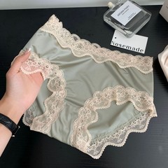 Light luxury French original satin ice silk underwear for women's mid-waist lace lace edge simple pure briefs for women