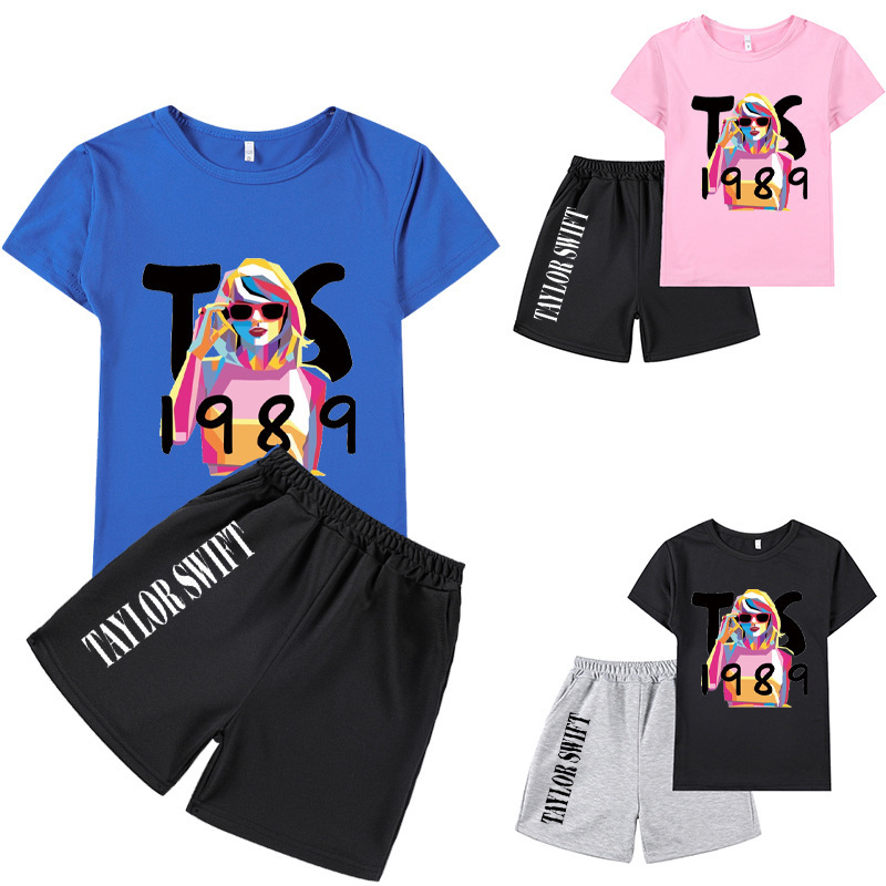 European and American Taylor Swift Taylor Swift print children's suit boys and girls short-sleeved T-shirt + shorts