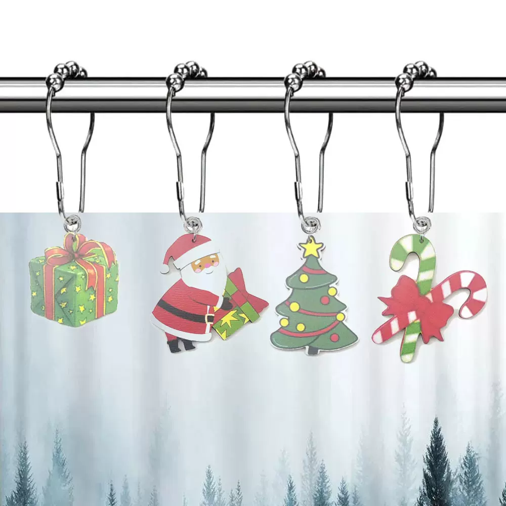 跨境圣诞老人浴帘挂钩木质圣诞树礼盒浴室装饰浴帘防锈浴帘钩批发