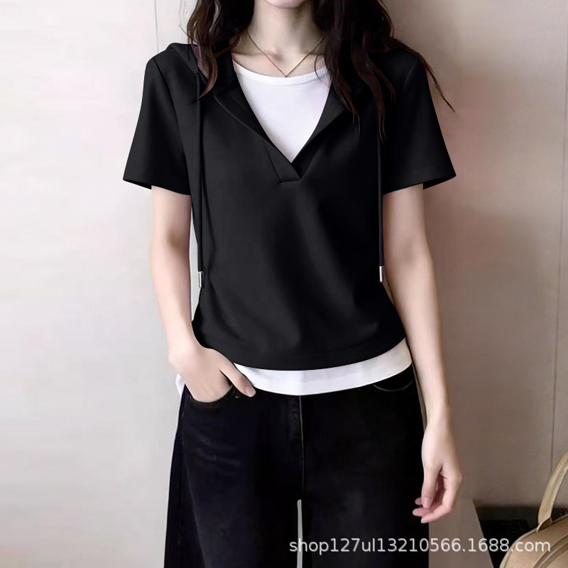 Fake Two-Piece Hooded Ribbed Short-Sleeve T-Shirt for Women, New Summer Style, High-End Color-Blocking Design, Versatile Base Shirt Top Fake Two-Piece Hooded Ribbed Short-Sleeve T-Shirt for Women, New Summer Style, High-End Color-Blocking Design, Versatile Base Shirt Top
