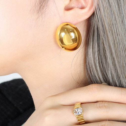 French minimalist geometric oval polished ellipse earrings exaggerated earring hooks titanium steel for women not fade
