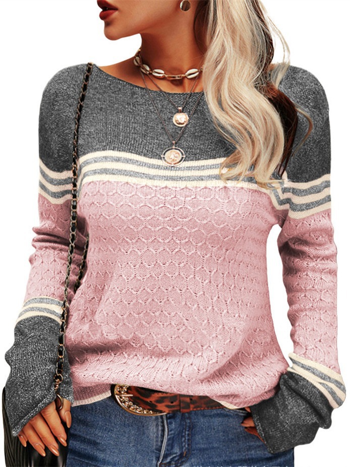 Otoño e invierno transfronterizo nuevas mujeres de ganchillo elegante superior de cercanías europeo y americano de manga larga de punto a rayas de color a juego suéter de cuello redondo