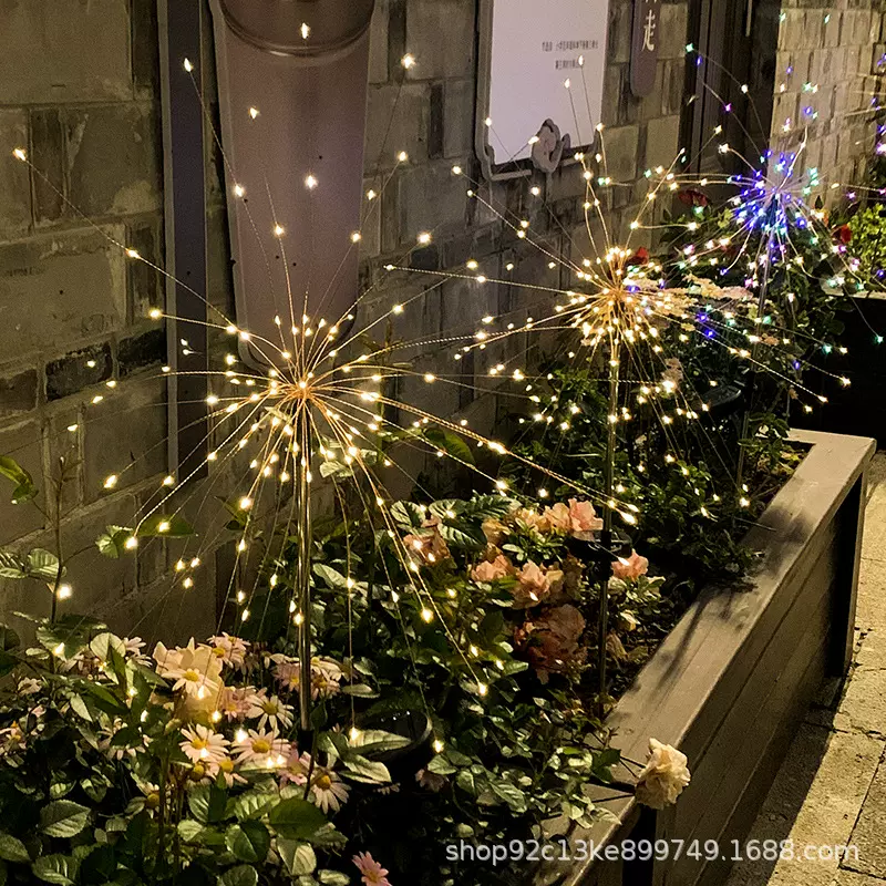 跨境太阳能草坪烟花铜线串灯户外防水庭院圣诞节日装饰氛围彩灯串