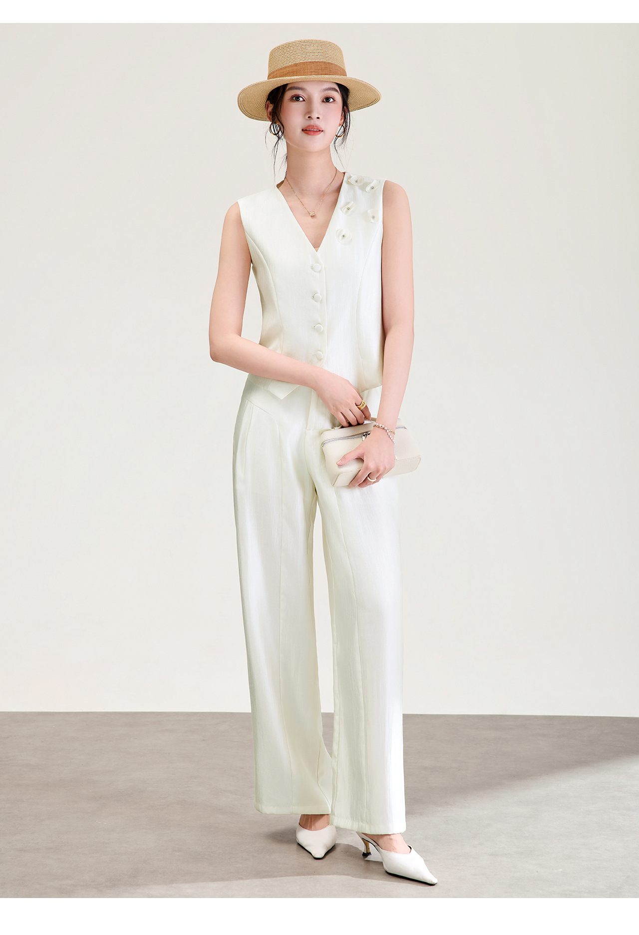 Bộ áo gile và quần ống rộng nữ phối vải linen pha tencel mát mẻ — Màu cà phê chi tiết 18