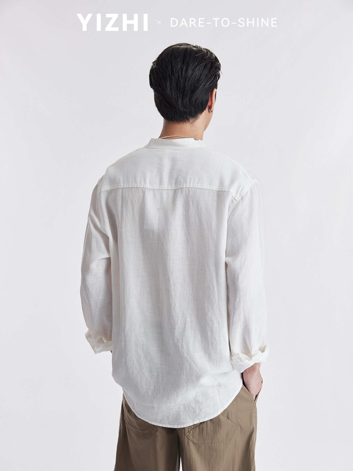 Áo sơ mi nam linen cổ đứng tay dài mùa hè, chất liệu lanh thoáng khí, phong cách Trung Hoa, túi đơn — Xanh navy