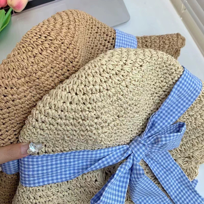 Straw summer beach hat with bow solar-powered, sun protection, beach style