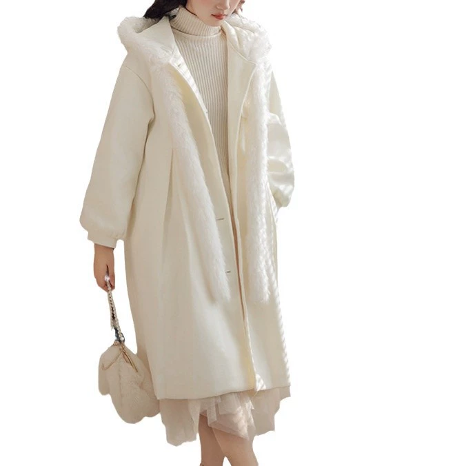 White woolen coat with hood, demi-season cute jacket