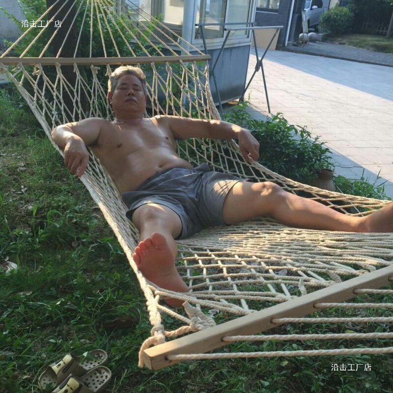 户外室内吊床尼龙绳网状双人带木棒棉线单人帆布加粗棉绳网兜吊床|undefined