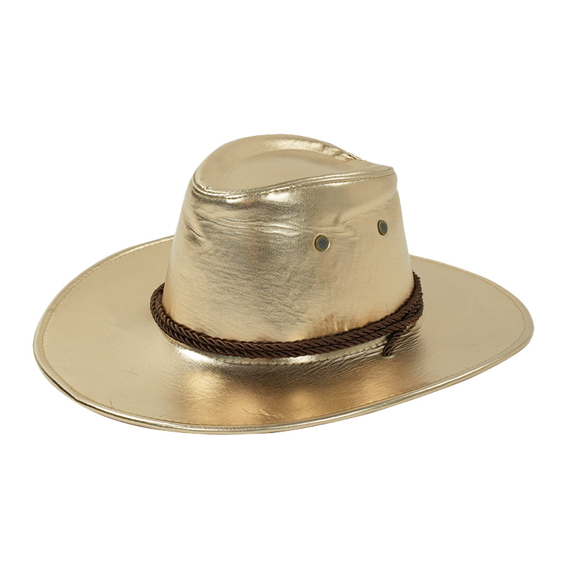 Cappello da cowboy western alla moda in pelle PU color oro unisex, cappello da montagna jazz, tutto in tonalità_voghion.com