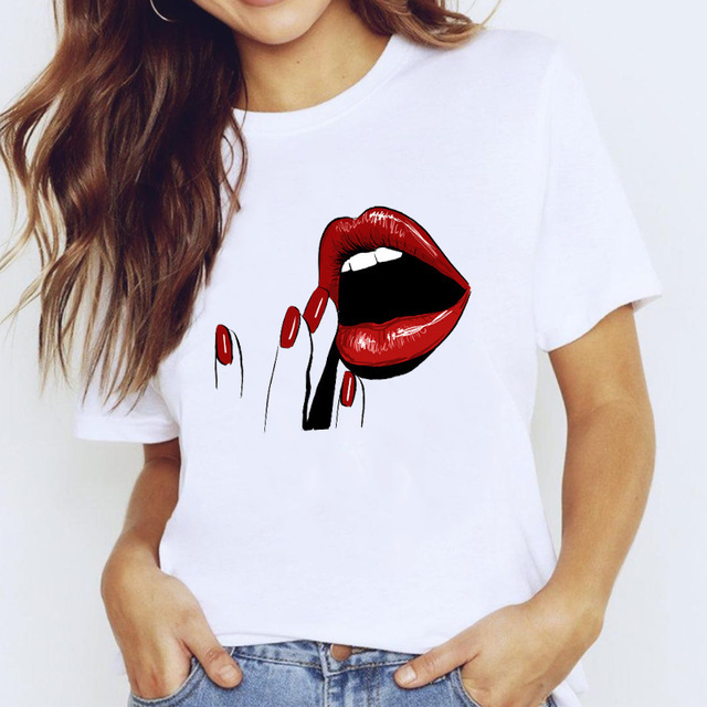 2022 Summer Short-Sleeve Women's New T-Shirt with Cartoon Red Lips and Nail Polish Elements Print Cross-Border Base Shirt Women's t 2022 Summer Short-Sleeve Women's New T-Shirt with Cartoon Red Lips and Nail Polish Elements Print Cross-Border Base Shirt Women's t