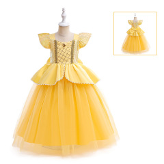 Cosplay Beauty and the Beast Belle Princess Dress for Girls, Cinderella Flared Sleeve Dress, Costume