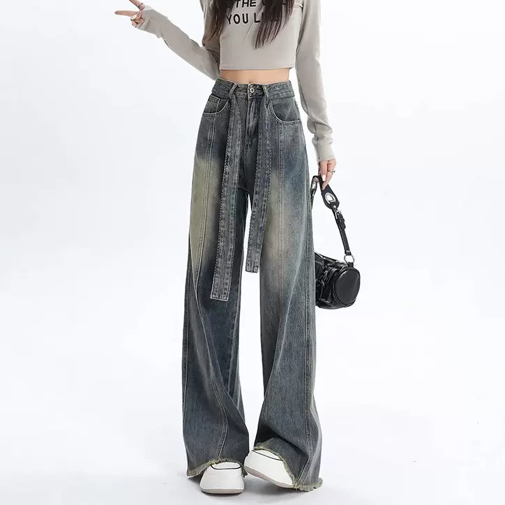 复古直筒牛仔裤美式高街秋冬季高腰阔腿裤宽松显瘦梨形身材裤子女