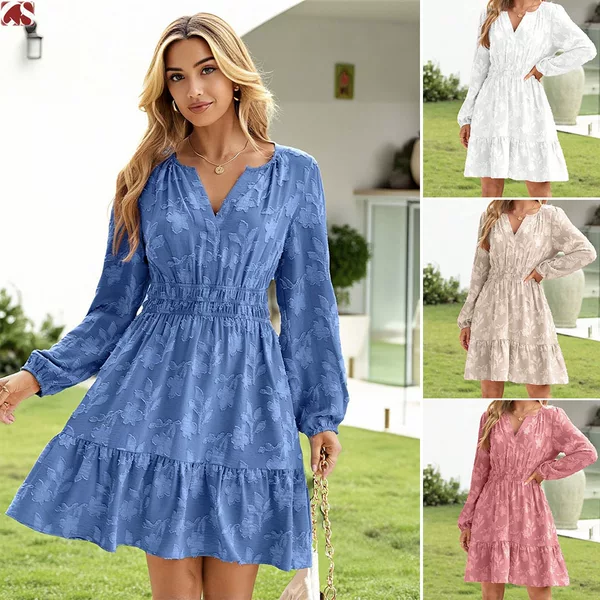 European and American Amazon Foreign Trade Spring and Autumn V-Neck Pullover Jacquard Elastic Waist Large Hem Women's Long-Sleeved Ruffle Dress