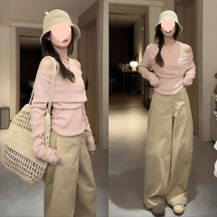 2025减龄韩系穿搭套装假两件露肩针织衫+弯刀阔腿裤两件套洋气女