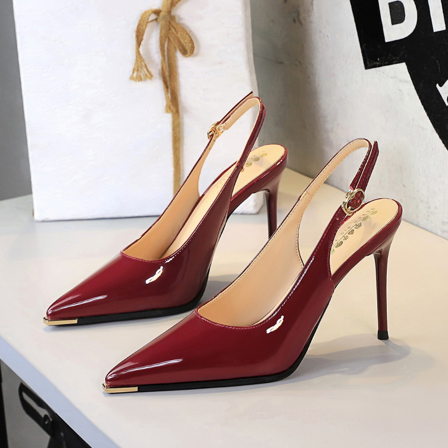 1991 European And American Style Fashion Simple Patent Leather Pointed Toe High Heels Stiletto Single Backless Back_vogvips.com