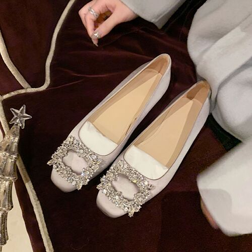 [sheii Su Yinyin] New York Dinner ~ Ice Flower Rhinestone Square Buckle Shallow Mouth Flat Single Shoes Women's Wedding Shoes Commuting Shoes