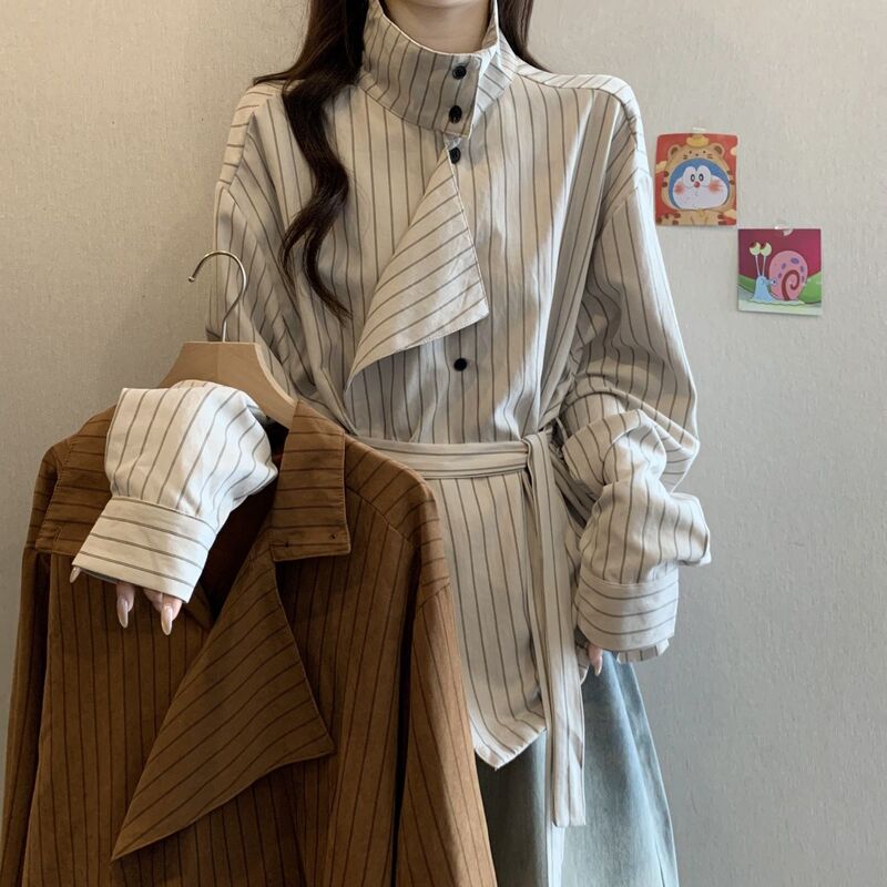 Plus Size Early Autumn New Versatile Loose Striped Tie-Up High-Neck Shirt with a Relaxed Feel