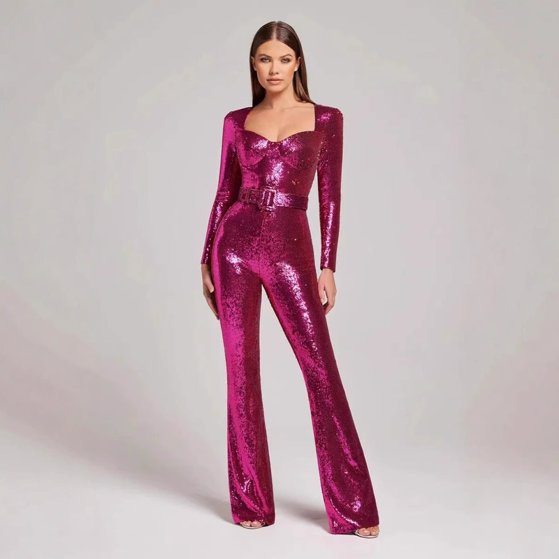 AliExpress Women's 2022 Long-Sleeved Belt Floor-Covering Jumpsuit Sequin Evening Dress Fashion Suit One-Piece Skirt INS