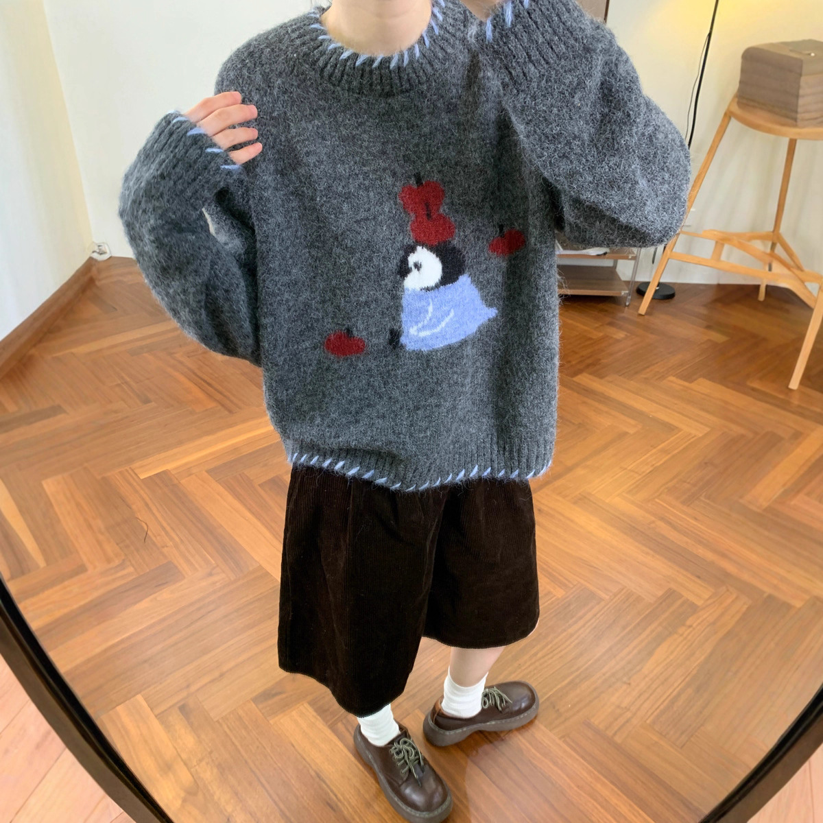 复古手工勾线企鹅提花毛衣女韩版秋冬新款宽松百搭显瘦针织衫套头