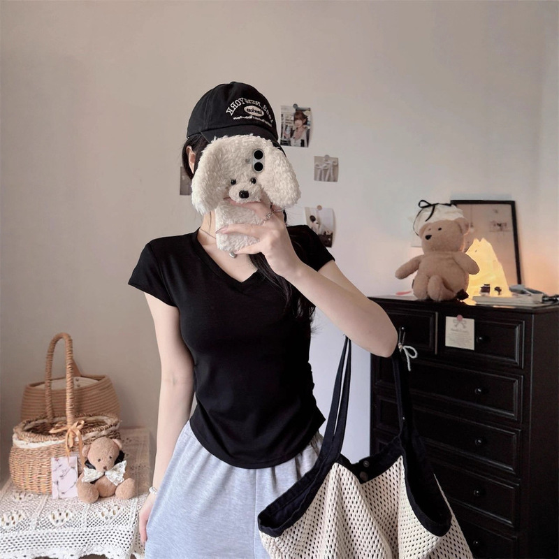 5125 # Summer New Solid Color Sweet and Spicy Deep V-Neck Ruched Short T-Shirt, Slimming, Integrated with Chest Pads, Versatile and Flattering