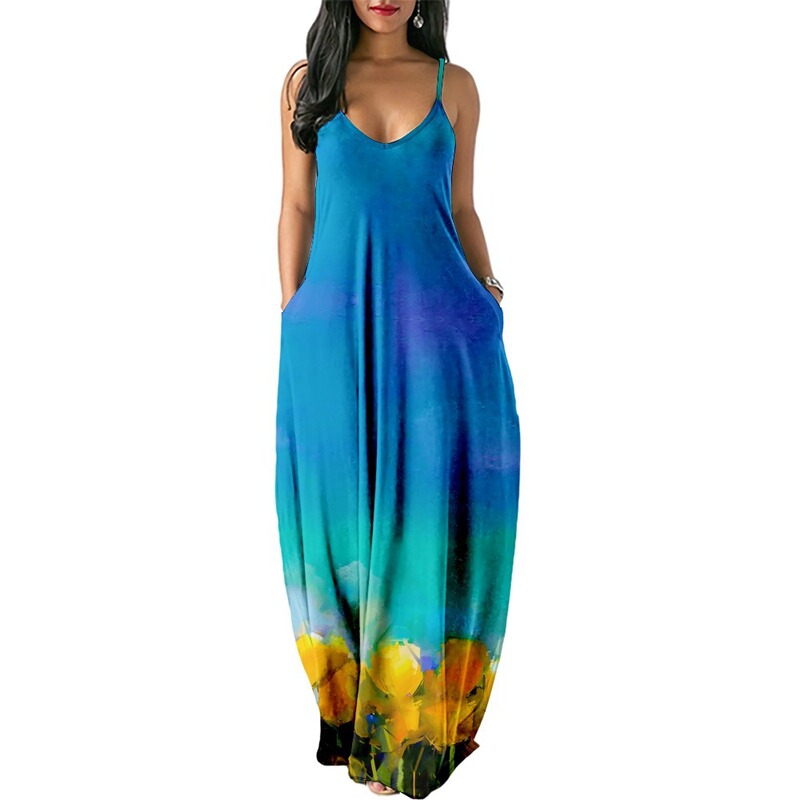 New Summer Cool and Sexy Suspender Long Skirt Small Floral Digital Printing Temperament Loose Dress Women's Clothing